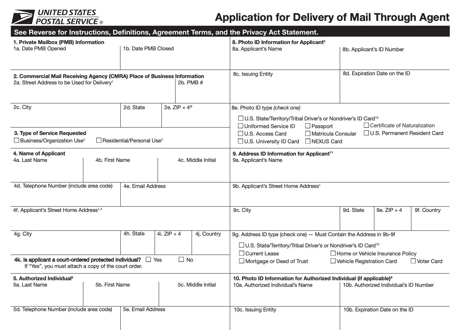 U.S. Postal Service application form for mail delivery, with sections for mailbox information, applicant details, ID information, and address details.