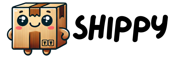 Cartoon character of a happy, smiling wooden box with small arms and legs, and big eyes, standing next to the text 'SHIPPING'.
